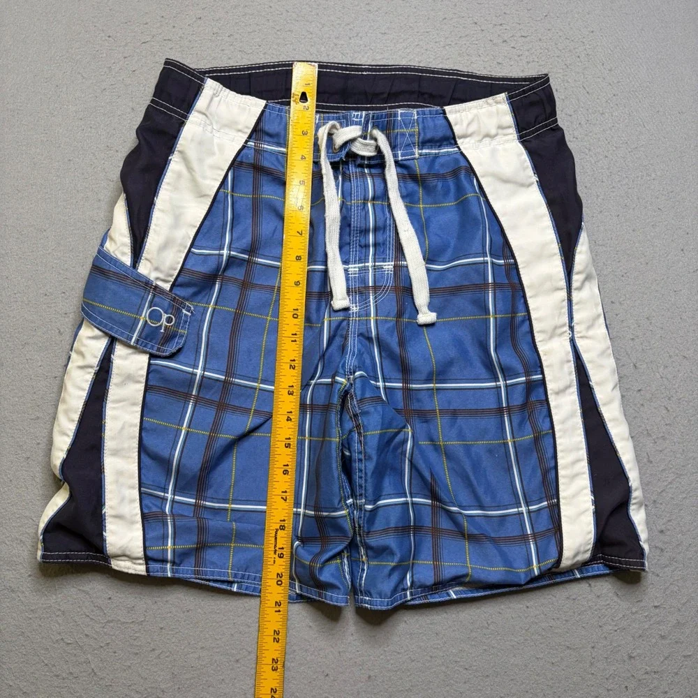 Ocean Pacific Board Shorts Mens Small Blue Plaid Y2K Cargo Swim Trunks
